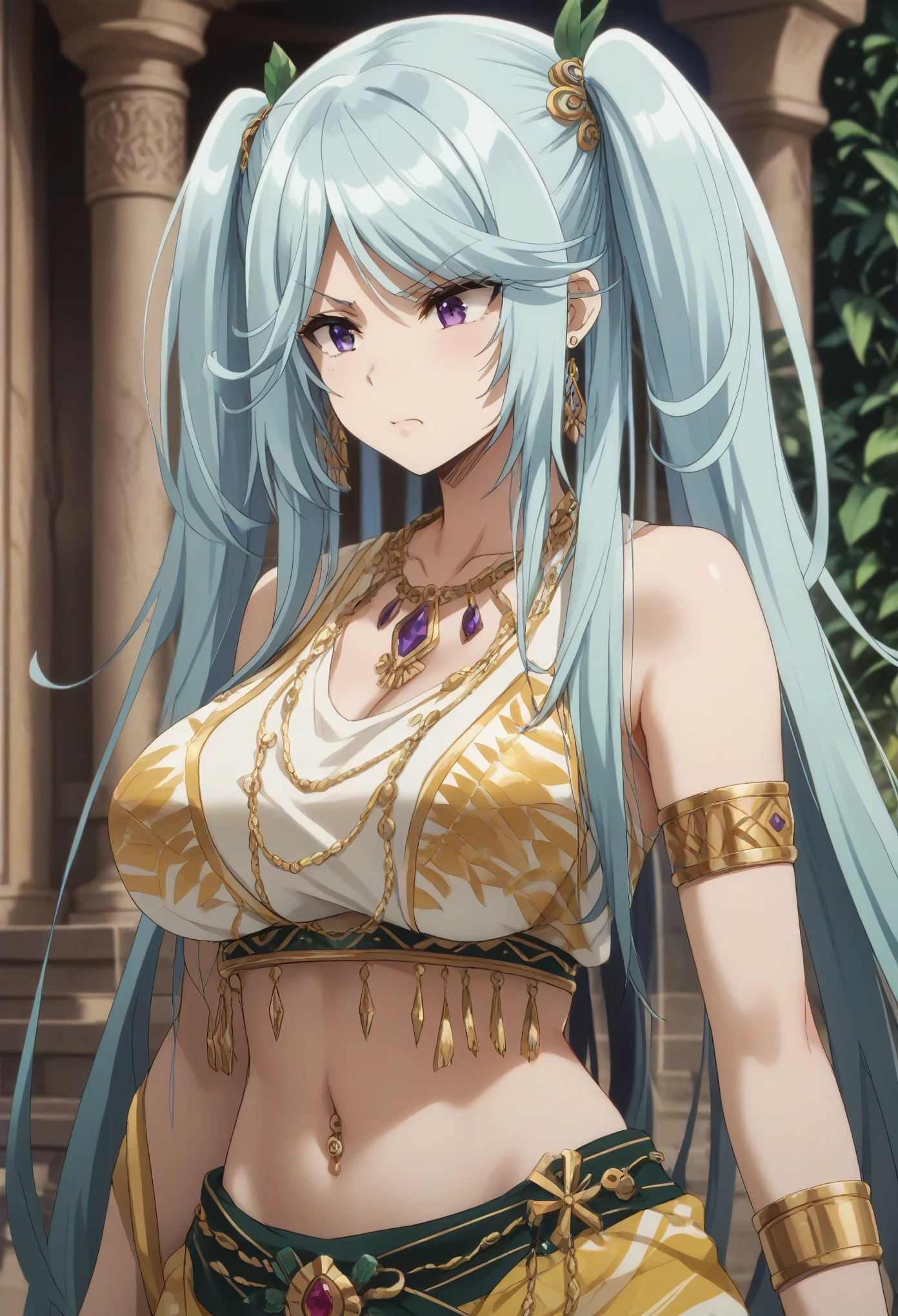 1girl,long hair,blue hair,purple eyes,twintails,,big breast,tall woman,full display of temple jewelry, a pair of earrings, necklace, bangles, navel piercing, ring, maang tikka highly detailed vray render, flash, high quality, 18k,, long hair, multicolored dress, hair ornament, golden embroidery, ancient indian, midriff peek, waist jewelry, armlet with golden chains, (close-up), golden shawl with intricate leaf embroidery, embroidered dress, (kamarband:1.1),best quality,disgusted,
