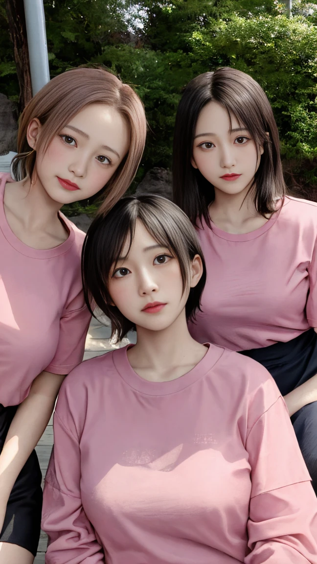 Japanese, female, mildly obese, four women in a row, all wearing pink t-shirts, sunlight, sunlight reflecting off their skin from the front, all with sweaty foreheads, slightly animated tone, skin shiny with sweat, they are looking at us