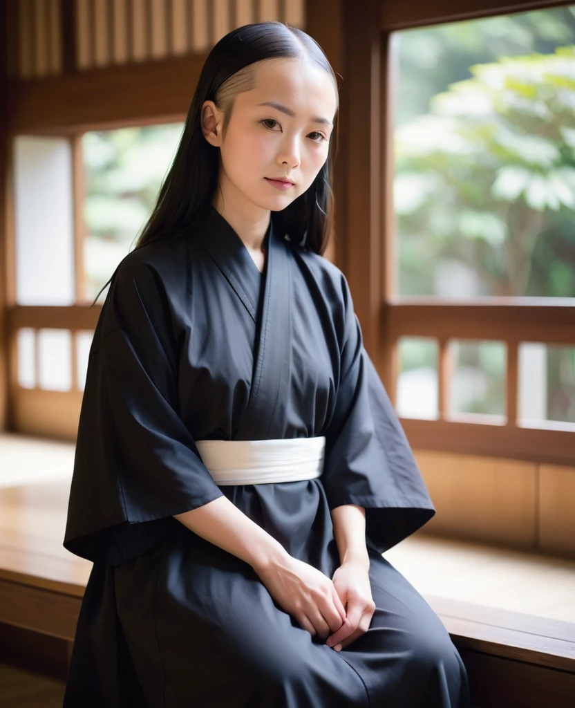 Japanese nun in a transparent robe、monastery、Shaved head