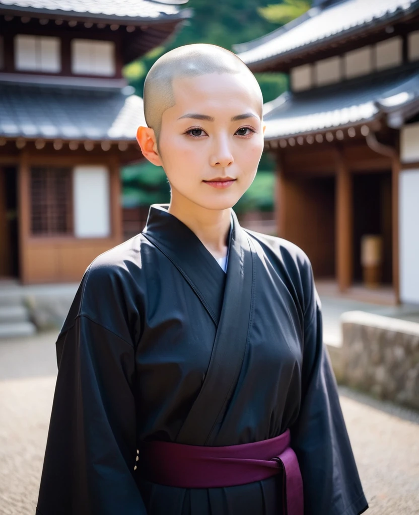 Japanese nun in a transparent robe、monastery、Shaved hair、Shaved Head