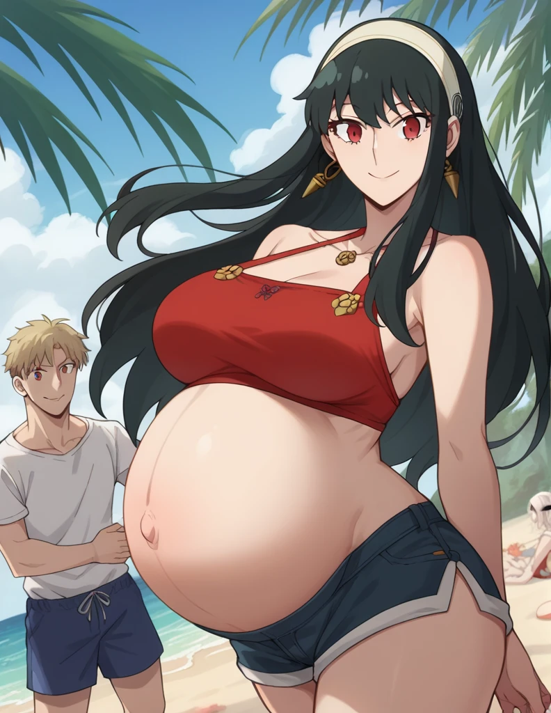 score_9, score_8_up, score_7_up, source_anime,
yorbriar, yor briar, black hair, red eyes, earrings, white hairband, hairband, long hair, sidelocks,
bare shoulders, red bikini, shorts, thighs,
Beach, smile,
looking at viewer, dutch angle, cowboy shot, pregnant, huge belly