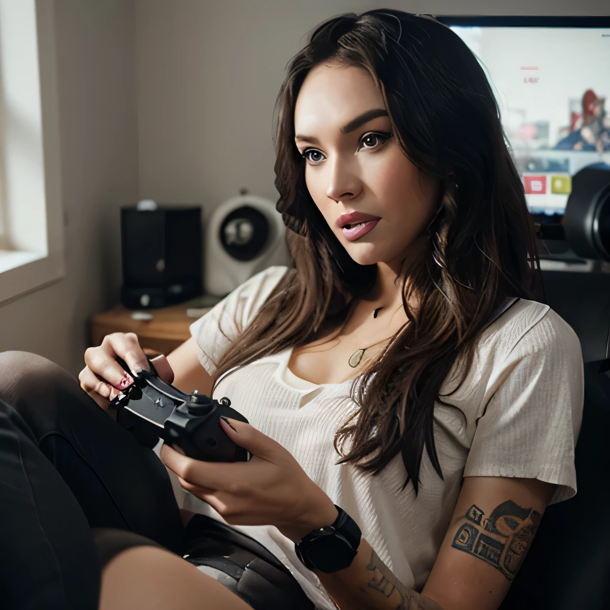 megan fox as a cute gamer play playstation