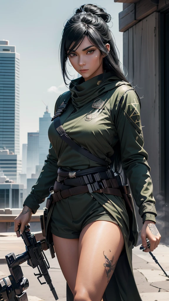 Create a hyper-realistic and ultra-realistic 3D image of a beautiful woman with jet black hair, green eyes, beautiful long eyelashes, dressed as a sniper with all her ornaments., rifle weapons with telescopic sight , She has a team of personal sights in her face , his suit has to be great, latest generation communication equipment, serene and but determined attitude , cool tattoos , cool dynamic poses, observation deck of a tall building , The image must be perfectly detailed, apply HDMI technologies, 1200 ppp , full definition in 132k