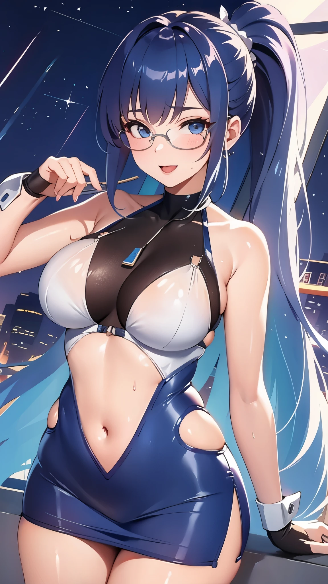 woman,************,,city,night,(((white and blue tight miniskirt bodysuit))),(wet with sweat),open mouth smile((See-through))glasses,((beautiful long ponytail)),((Baby girl body shape))
