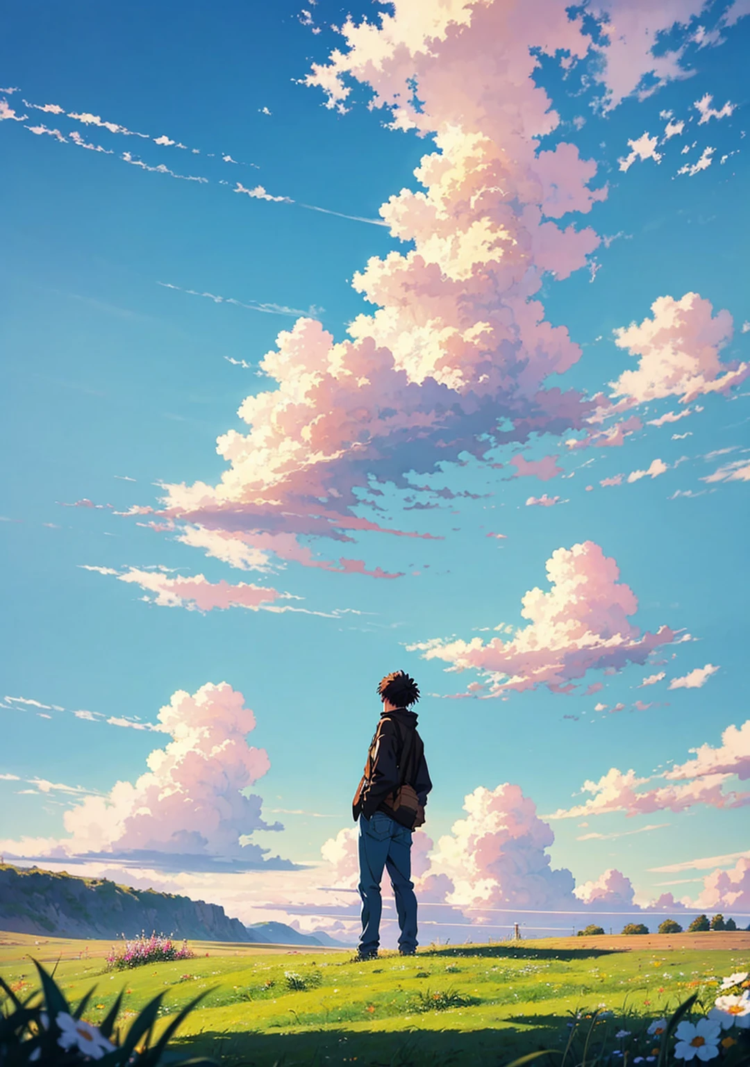 anime, anime landscape, guy looking at clouds, in a grassland, creative, realist, white clouds, blue sky, landscape amazing, guy looking away from camera, wide photo