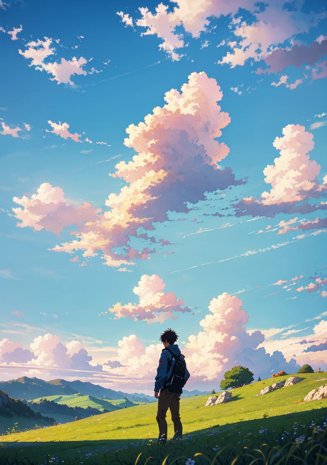 anime, anime landscape, guy looking at clouds, in a grassland, creative, realist, white clouds, blue sky, landscape amazing, guy looking away from camera, wide photo