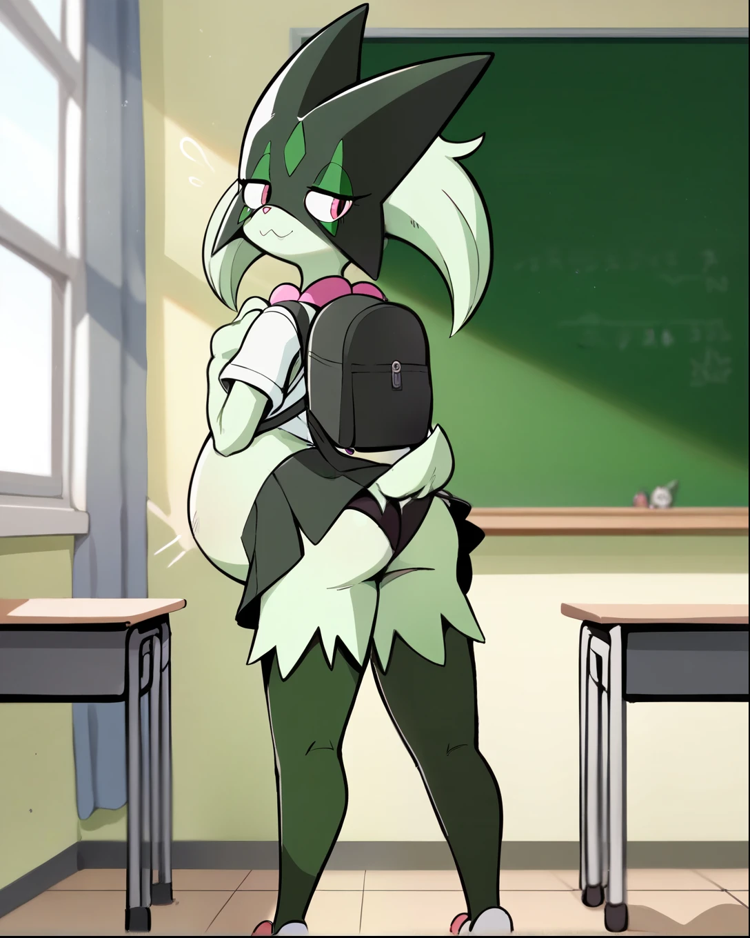 score_9, score_8_up, 1girl, meowscarada, happy, full body, school, human proportions, looking at viewer, by diives, pregnant, pregnancy, shy smile, rubor, standing, de pie, classroom, salon de clases, school, manos en la cadera, manos en la espalda, hands on her back, black skirt, short skirt, ((anime school uniform)), green skin, green fur, furry, from behind, mirandi sobre el hombro, mostrándo trasero, desde atras, from behind, back, showing underwear, showing ass. Long shirt, cover back, backpack.