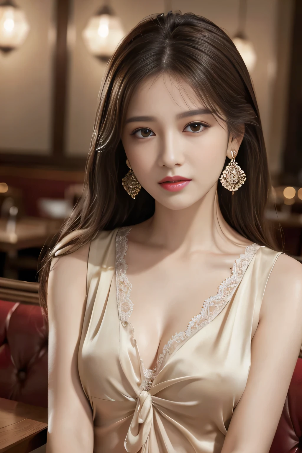 masterpiece, Highest quality, Realistic, Very detailed, Finer details, High resolution, 8k wallpaper, One beautiful woman, Wear a pretty colored silk shirt, In a great restaurant, At night, Light brown messy hair, Perfect dynamic composition, Beautiful and beautiful eyes、Big earrings、chest、Sleeveless shirt、