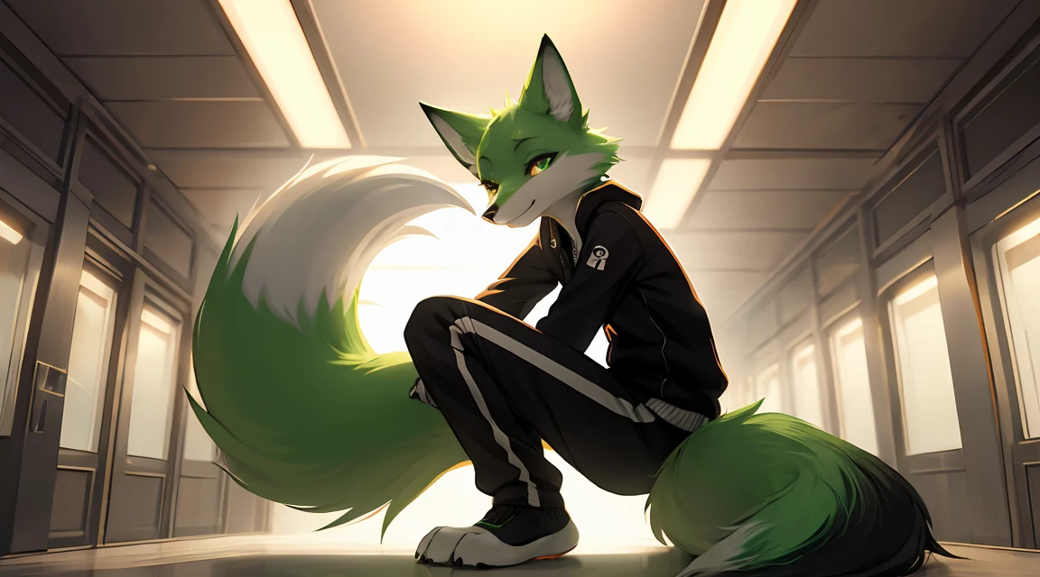 green Fox black tracksuit big furry tail furry paws furry ears good ambient light, ultra detailed fur、Volumetric lights are very detailed,Finest quality furry art