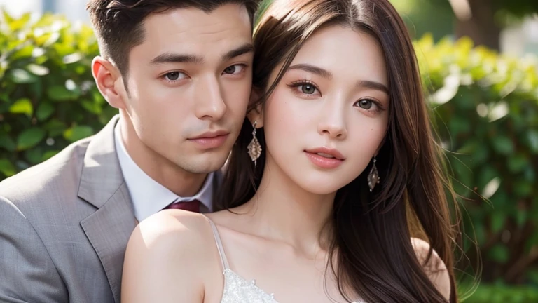 realistic, Medium distance photography, 4K, Highly detailed, High quality, Portrait of a man(24 years old) In a suit and a girl in a luxury dress, stand, Perfectly proportioned, intimate, loved one, close together, Hug each other, perfect anatomy, Bright face, smile at the corner of the mouth, perfect background, perfect face, perfect body, detailed face, Look at the camera, outdoor background