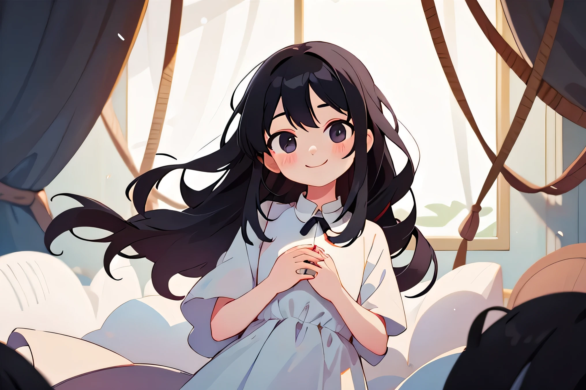 ((masterpiece))), Highest quality, Highest quality, Attention to detail、Girl、Long Black Hair、Gentle smile、White dress、front、Tilt your head、Place your hand on your chest、Shy