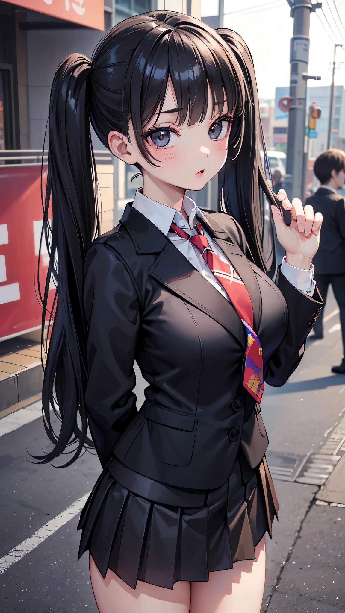 (masterpiece, 最high quality, 超High resolution, Very detailed), (Realistic:1.1, photoRealistic:1.4), Perfect illustration, Perfect lighting,Hair in perfect detail, Perfect and detailed face, Perfect collarbone, Perfect body,Juicy breasts, Perfect Thighs, Beautiful feet, View your viewers, 1 Girl,Perfect Face, (Perfect Anatomy, Anatomically correct), Symmetrical face、((Shiny Hair)),Sexy Body、(masterpiece),(最high quality:1.3),8k,Very clear,(Ultra-realistic),,Captivating woman,(high quality, High resolution, Fine details), Realisticなスタイルの女性,Juicy breasts、One perfect woman、Perfect Face、Symmetrical face、Baby Face、((Large Breasts))、blush、((Juicy lips))、Cowboy Shot、((Black twin tails tied on the side))、((Large, double-set black eyes、Long eyelashes))、((Red makeup))、(((Collared shirt、blazer、tie)))、((high school girl))、(((mini skirt)))、(Outdoor、On the streets of Tokyo)