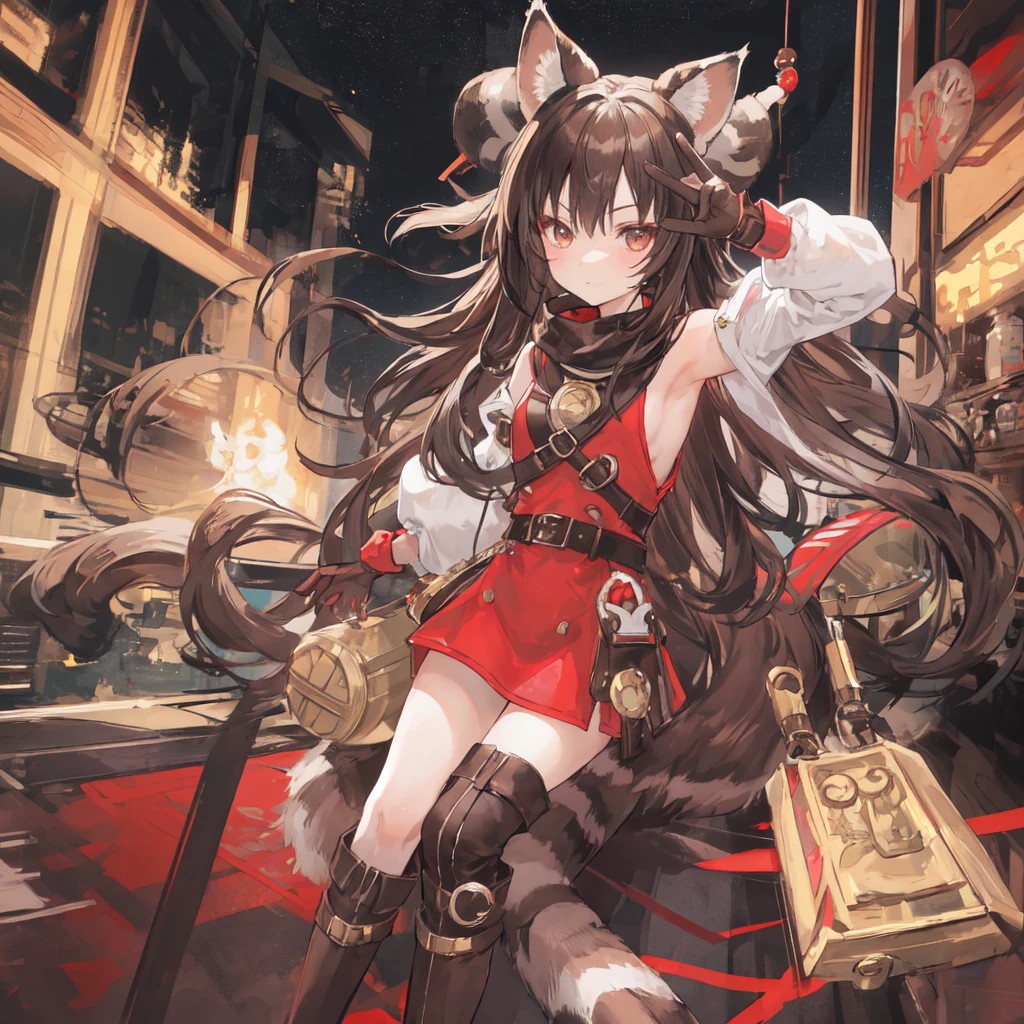 Raff, Raccoon ears, Raccoon Girl, Animal ears, Long hair, Brown hair, raccoon Tail, Tail, Gloves, brown Gloves, belt, Over the knee boots, High Leg Raise,  Absolutely great opportunity, Red belt, masterpiece, best quality, Solitary, light, Looking at the audience, whole body