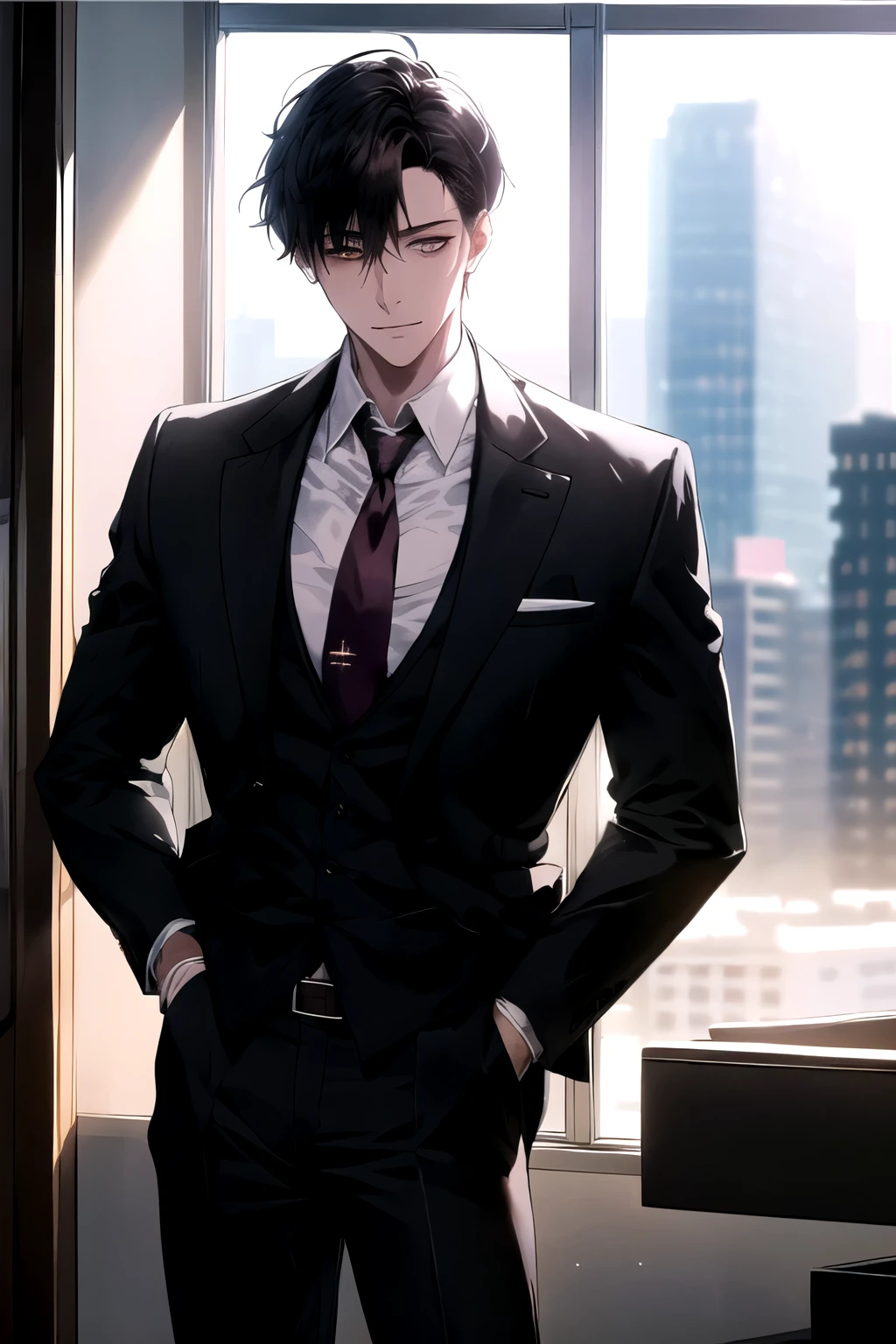 1boy, face focus, adult, business suit, jacket, white shirt, necktie, pants, best quality, hires, detailed face, office, buildings from window, detailed background, diffused sunlight, depth of field, bokeh, strong eye power