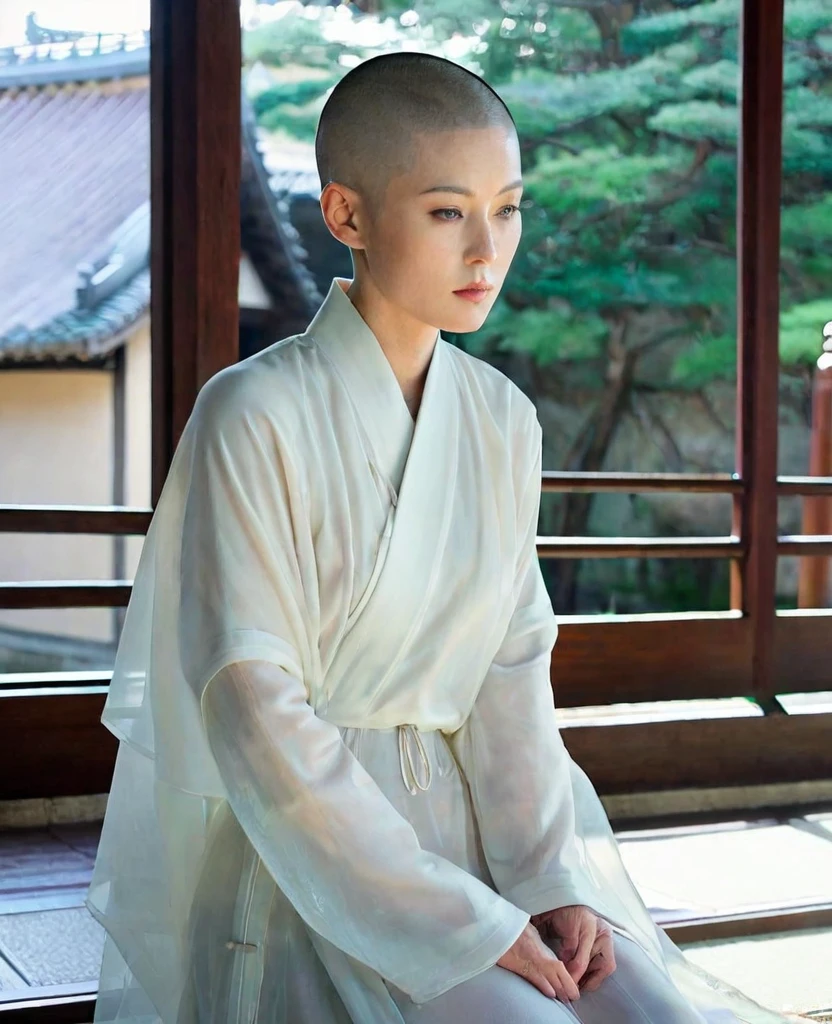 Japanese nun in a transparent robe、monastery、Shaved hair、Shaved Head