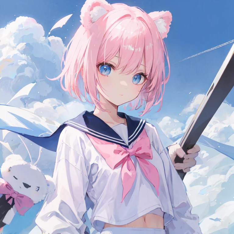 Ski style, 1 Girl, Solitary, Pink Hair, Animal ears, blue eyes, wing, Looking at the audience, Bangs, short hair, bow, Sailor collar, white Sailor collar, hair bow, pink bow, Shut up, shirt, white shirt, Bear ears, Bob Cut, mini wing, portrait, detached wing, cosmetic, Upper Body, City background