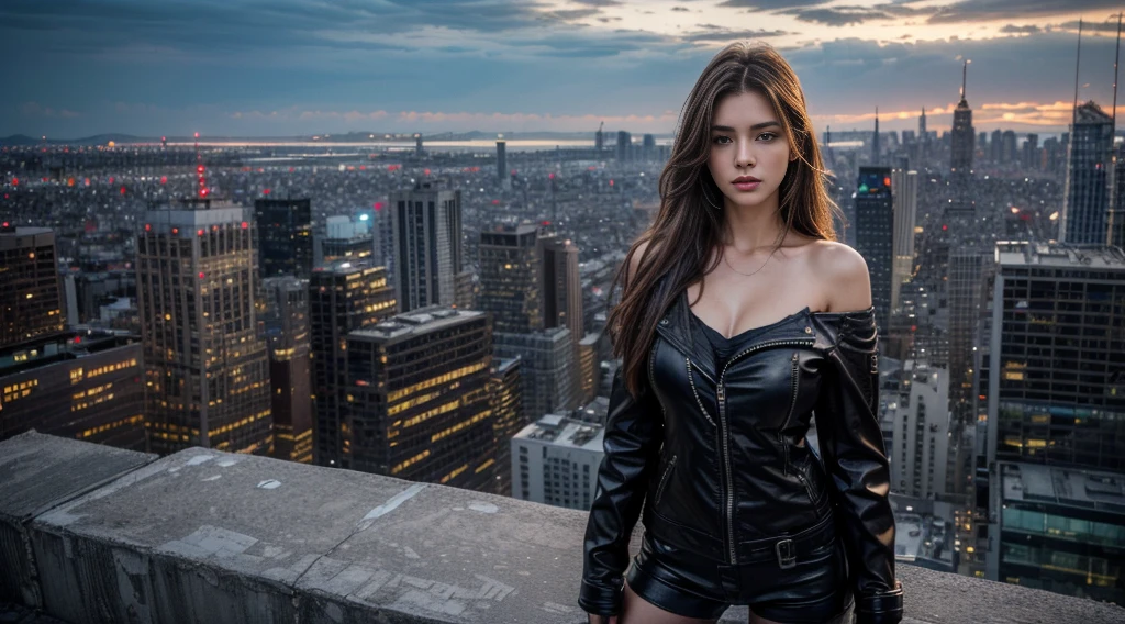 ((masterpiece, best quality, Highest image quality, high resolution, Reality, RAW photos, 8K)), Future city ruins,Girl standing on the roof,Tight leather jacket,Off-shoulder,Large Breasts,Long hair,Pretty face,Closed mouth,dramatic,Mid-range portrait,midnight
