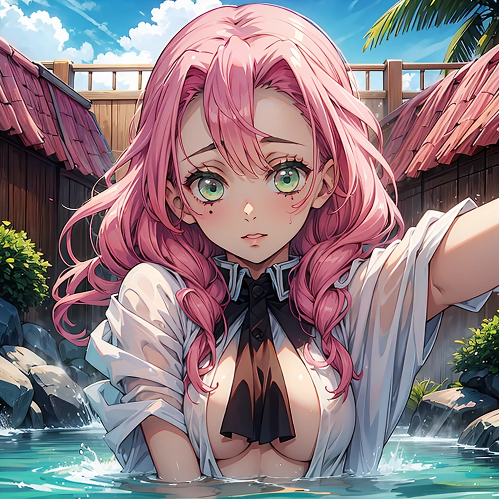 Woman;
Busty Sensual pose Clothes falling off Bathing in a hot spring Pink hair Green eyes Sensual 