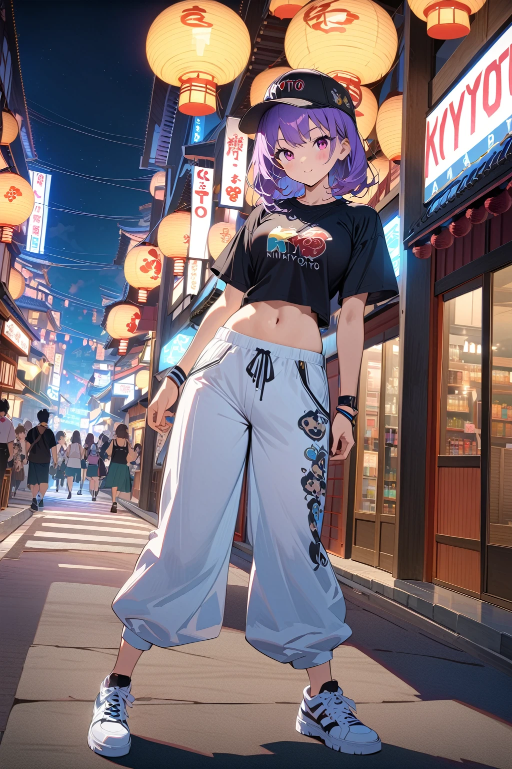 (masterpiece, best quality:1.5), (ultra detailed, high resolution, 8k, beautiful detailed, UHD, best anatomy), Violet hair, medium breasts, 1 cute girl, night, Streets of Las Vegas, (Kyoto Animation Style Character:2), T-shirts, Baggy Pants, Sneakers, Cap, Accessories, wristband, bare navel