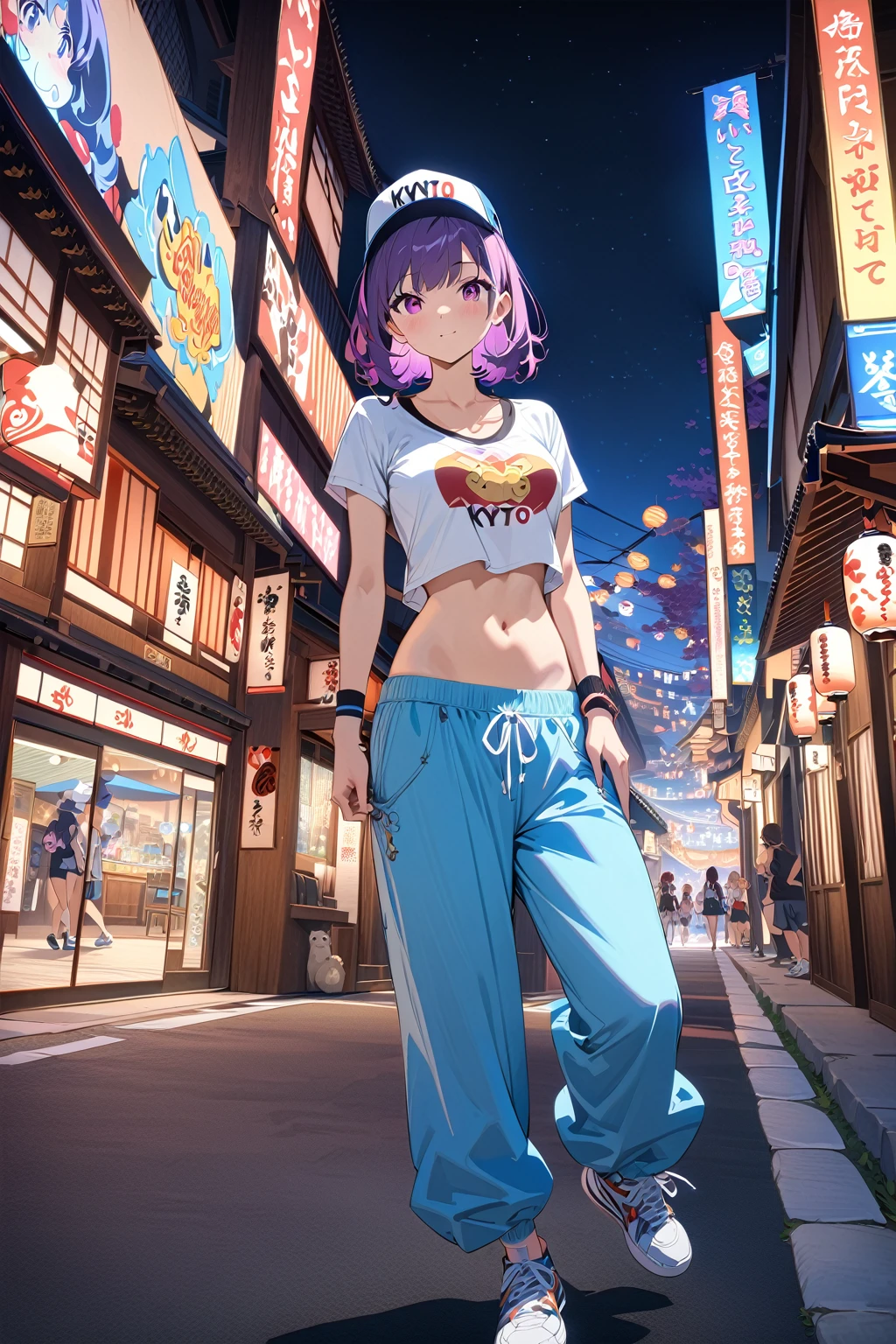 (masterpiece, best quality:1.5), (ultra detailed, high resolution, 8k, beautiful detailed, UHD, best anatomy), Violet hair, medium breasts, 1 cute girl, night, Streets of Las Vegas, (Kyoto Animation Style Character:2), T-shirts, Baggy Pants, Sneakers, Cap, Accessories, wristband, bare navel