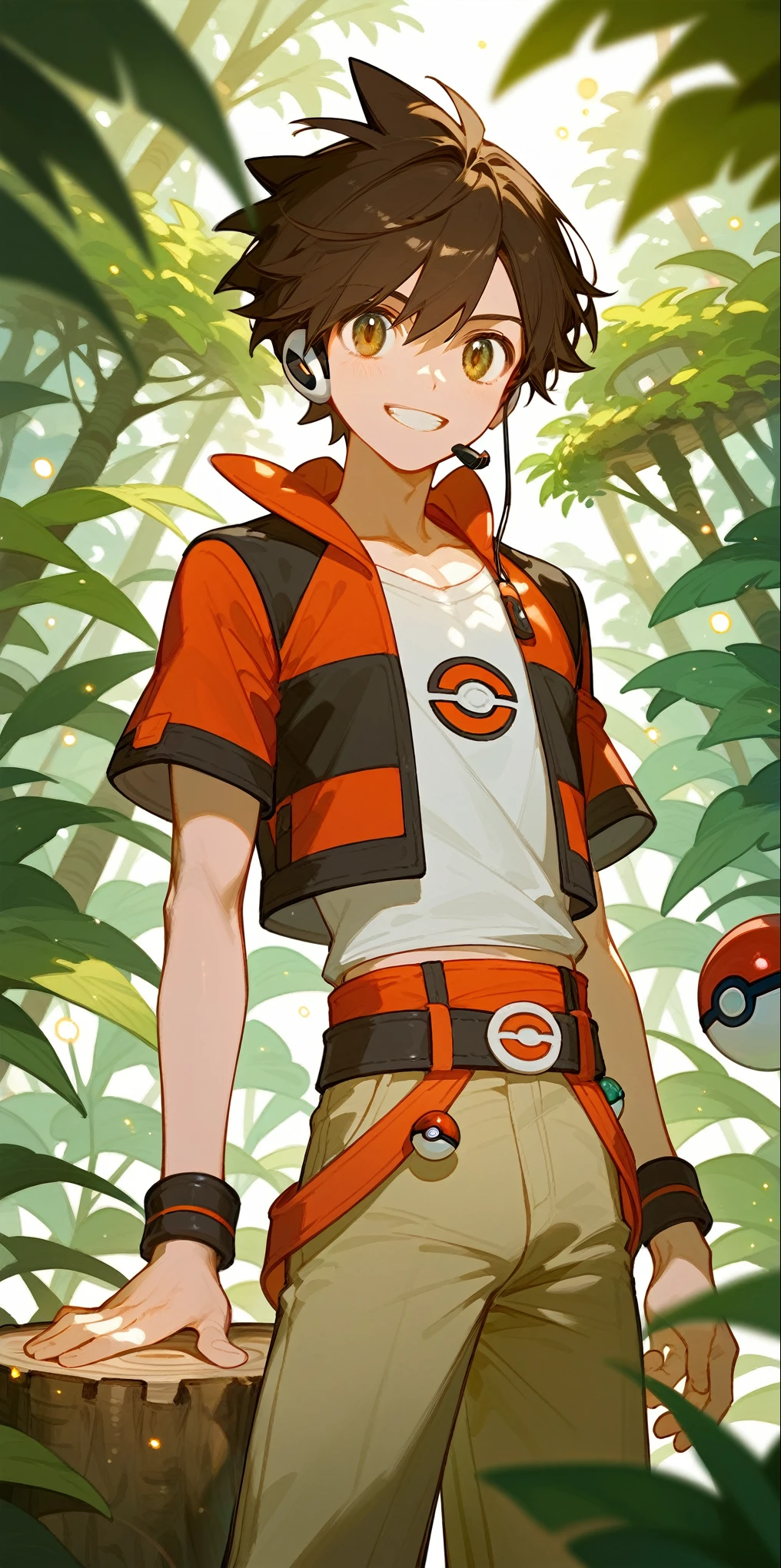 1Young boy,Beautiful light and shadow,Dark brown hair,Short sleeve,Wide leg pants,Pokemon ball on the belt,Jacket tied at waist,bandage,cute,Pokémonon style,Wrist ornaments,tree stump,The jungle in the distance,sunrise,bangs,Grin,Light Particles,Red Cloud,earphone