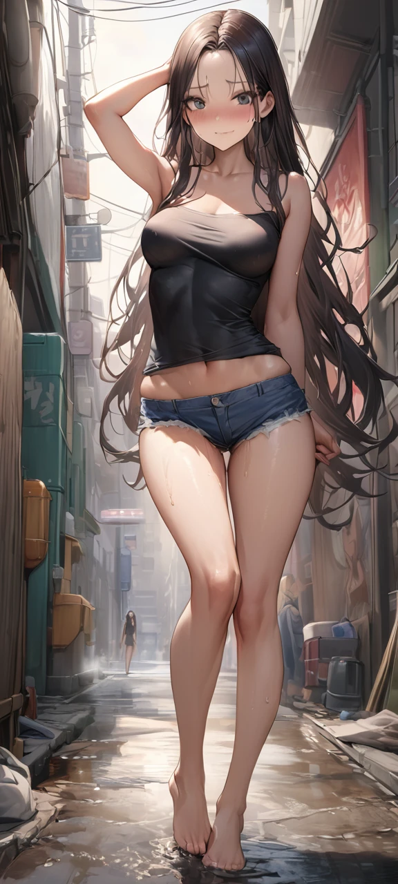 ((masterpiece,Highest quality:1.3,best quality illustration)),realistic,cowboy shot,solo,1woman,(18 year old beauty),((very small head:1.3)),black hair,long hair,forehead,center parted bangs,black eyes,gorgeous big eyes,shy,((very long body,skinny)),medium breasts,gleaming skin,toned body,slender body,skinny,sweat,Black tube top shirt、navel、Denim Microshorts、(incontinence、peeing),Back Alley、,shinjuku、Tokyo、ultra details, toph beifong, adult semi naked sexly micro dolphin, striking medium breasts almost showing, voluptuous body, standing gymnastics. Sarcastic smug face, sexly,, almost naked, covering only the middle of the vagina and the nipple Without panties cumming