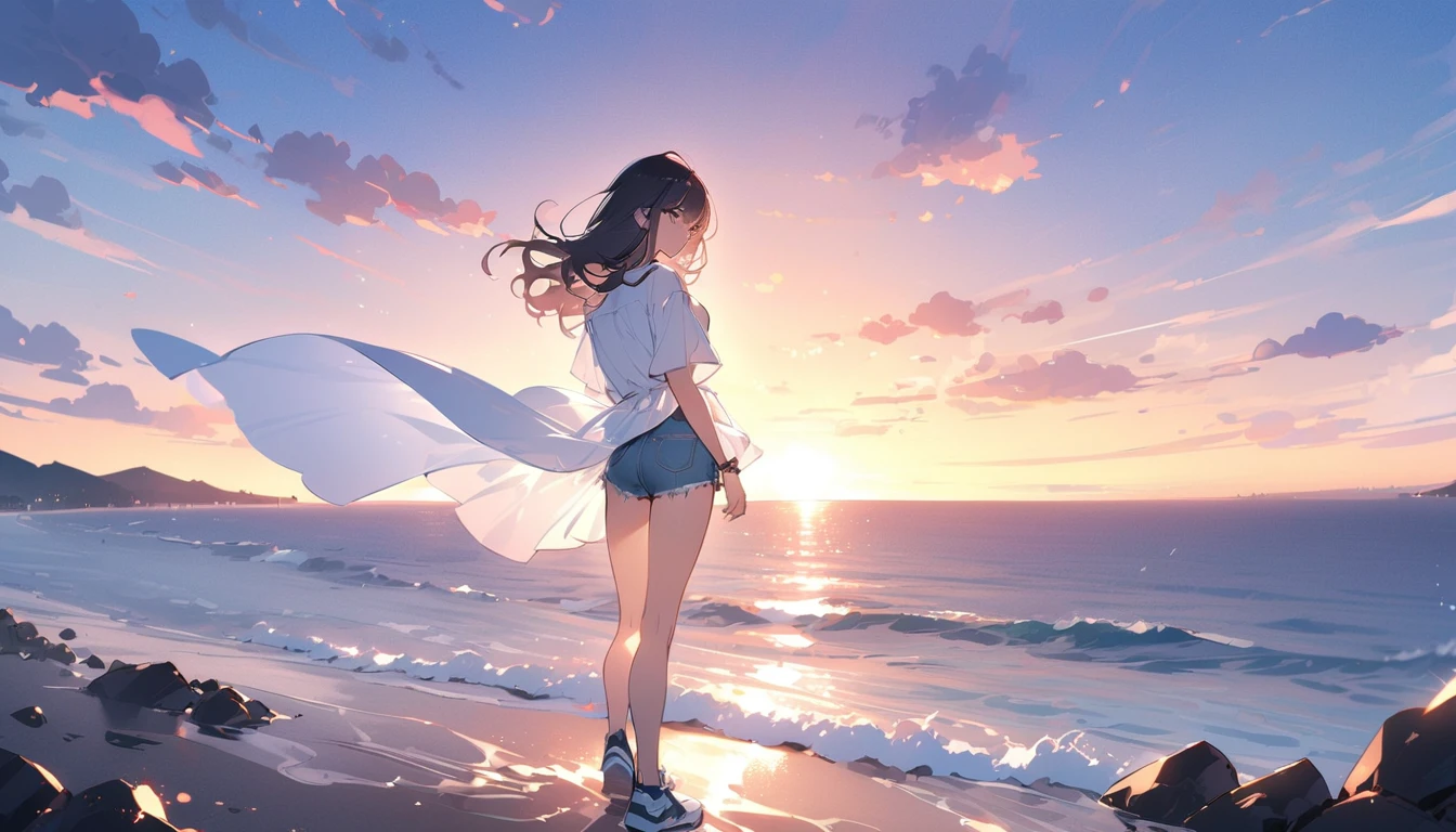 ((Highest quality))、((masterpiece))、(detailed)、(makoto shinkai)、((Anatomically correct))、(High resolution、8k)、(Beautiful Skin:1.1)、One woman、Back view、3 meters apart、whole body、(Beautiful eyes:1.2)、Overlooking the sea from the top of a hill、Beautiful sunset、horizontal line、Sparkling sea、Long hair flutters in the wind、Black Hair、White shirt、Denim hot pants、sneakers、