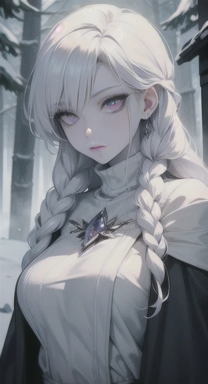 Frozen, misty Forest, ancient being, winter, snow, winter witch pale skin, purple eyes, eyes in the fog, regal appearance, cabin,