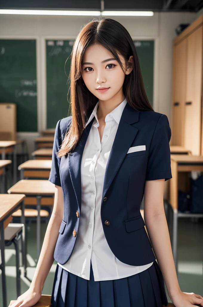 25-year-old woman, Mature Woman, ((In the classroom)), ((school uniform)), RAW Photos, (photoRealistic: 1.37, Realistic), Highly detailed synthetic CG 8K wallpaper, One girl, (((Perfect body: 1.1)), (Medium chest: 1.2), Looking at the audience, (((Straight from the front)))), (high qualityスキン:1.2, Glowing Skin), 8K Ultra HD, Digital SLR, Soft lighting, high quality, Film Grain, Fujifilm XT3, ((whole body: 0.8)), (Professional Lighting:1.4) ,