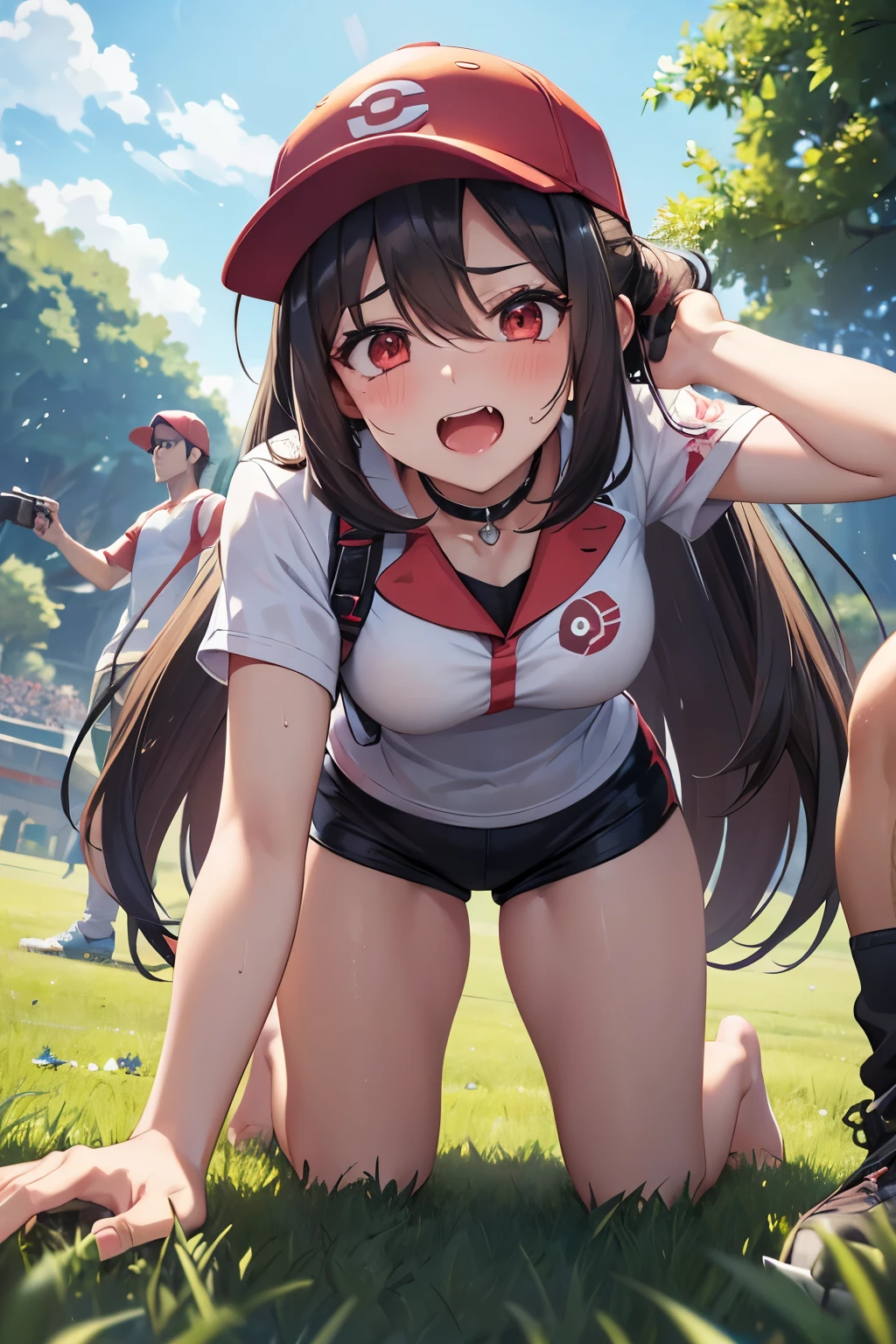 8k, raw photo, masterpiece, extremely detailed, best quality, professional lighting, high res, bautiful girl, (2 models, 1 girl and 1 man, man is standing behind her:1.3), (the man is holding up small Poké ball:1.3), dynamic, dramatic (front view), BREAK (Pokémon:1.3), Pokémon battle, (she was turned into one of the Pokémons, she became one of the monsters of Pokémon, a male Pokémon trainer controls her, she is controlled as a Pokémon:1.4), she came out from the Poké ball, (the man of her master wearing cap is standing behind her, the man is controlling her, she is being commanded by the man:1.3), (she is forced submitting to her master), brainwashed, hypnotized, BREAK (outdoor, grassland), (she is on all fours and barking loudly like a dog:1.3), (she is attacking the viewer because she is ordered by the man, she is becoming aggressive due to hypnosis:1.3), her body is being controlled against her will, (she is his pet), BREAK panic, confused face, sweat drop, (red eyes due to hypnosis), embarrassed, blush, humiliated, wide opened mouth, fang, bare feet, sfw