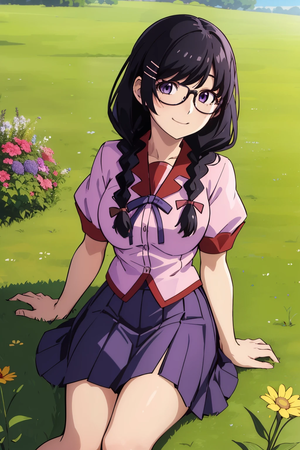 (masterpiece), (Highest quality), (High resolution), (detailed), (Naoetsu High School), (Hanekawa), One girl, (Hanekawa Tsubasa), Purple eyes, Black Hair, Long Hair, Hair Clip, hair ornaments, Braiding, twin Braidings, Hair Ribbon, Glasses Big, skirt, Pink Shirt, Short sleeve, (Naoetsu High School) , close, Sit on the ground,  garden, wood, View your viewers, smile,