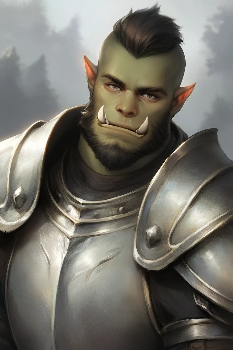 core_9, score_8_up, score_7_up, dark theme, low light, solo, male focus, mature male, orc, green skin, tusks, beard, outdoors, armor, looking at viewer, shoulder armor, breastplate, upper body, closed mouth,