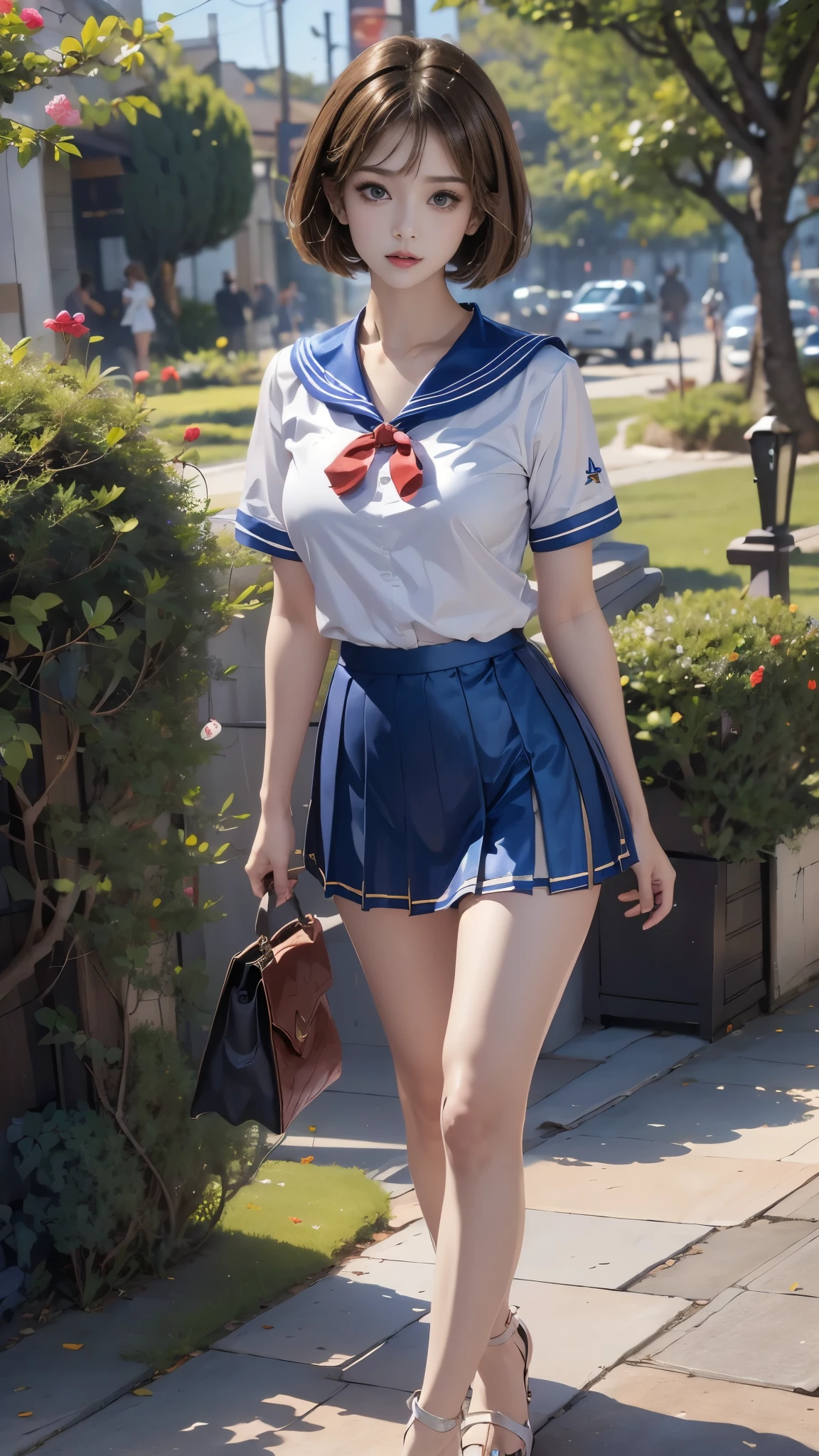 ((RAW photo), absurd, (absurdresolution)), Young woman, 21 years old, the most beautiful, (beautiful look, honey eyes, perfect sharp pupil, realistic), (with straight brown hair and loose short bob cut), ((blue pleated short skirt, white short shirt, sexy sailor suit)), handbag, raised arm, (standing sexy pose, very pretty, walking, leg slightly turned, looking at the camera), wide garden path, English posts, bright, intense colors, captivating woman, high sensuality,