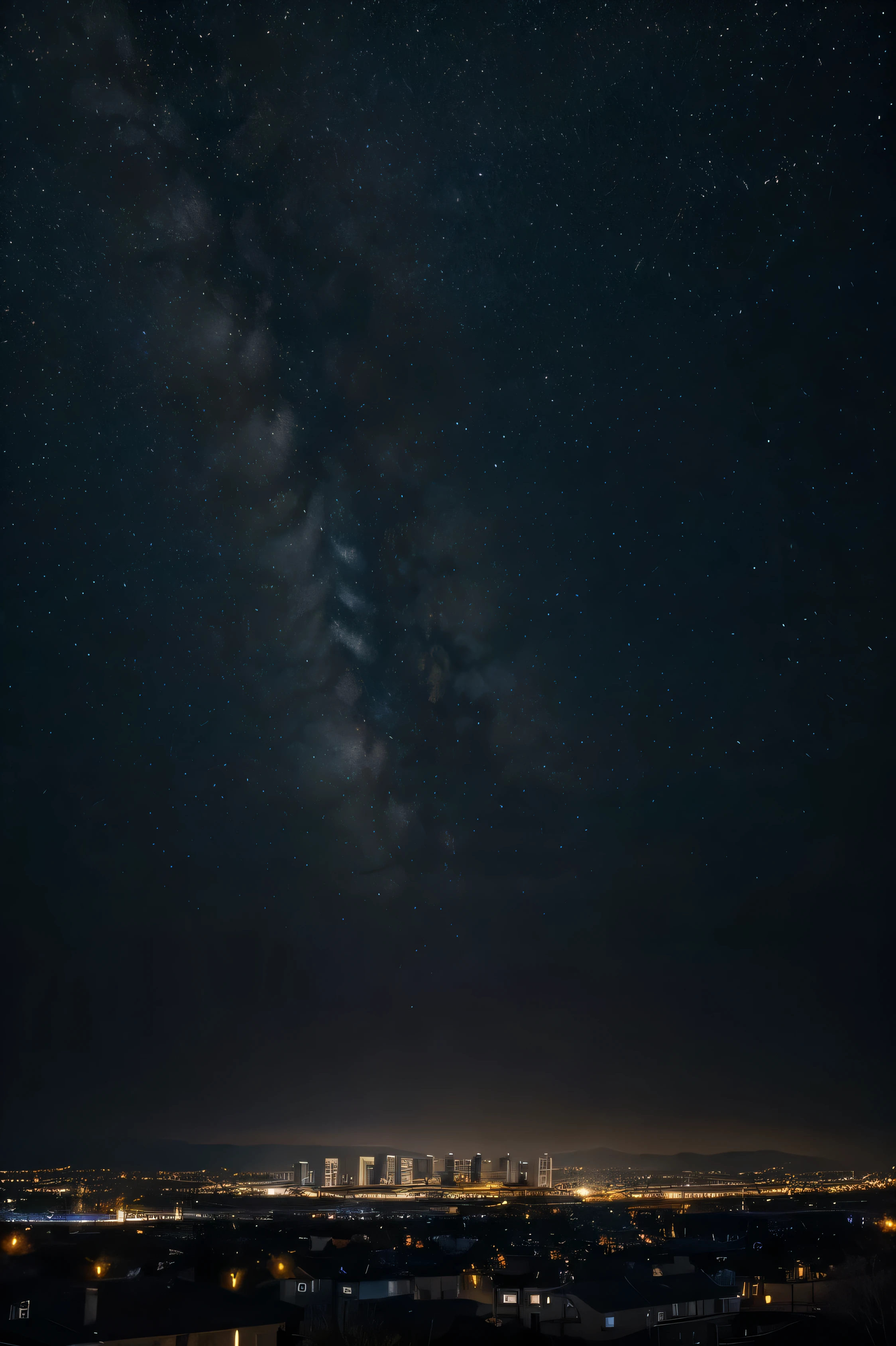 Create a high-quality, realistic image with a cinematic style that shows the night view of a small town lit only by stars and no streets. Include few tall buildings and low houses, some of them must have the lights off. The horizon must be vast and the black sky full of stars, creating a dazzling effect. The image should capture the feeling of tranquility and total isolation, with a night atmosphere rich in details and depth