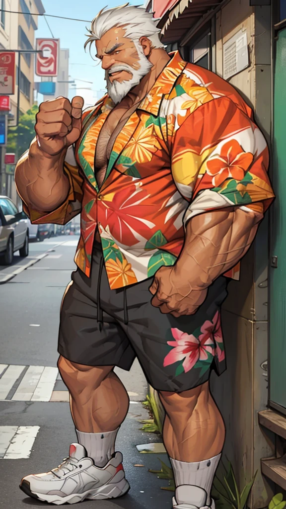 Solo, 1man, 1boy, old man in street city, old man, thick arm, huge arm, bearded. white hair and beard, bearded, muscular, pectoral, wide pectoral, realistic, 8k, masterpiece, (wearing shorts and wearing Hawaiian shirt, shoes)