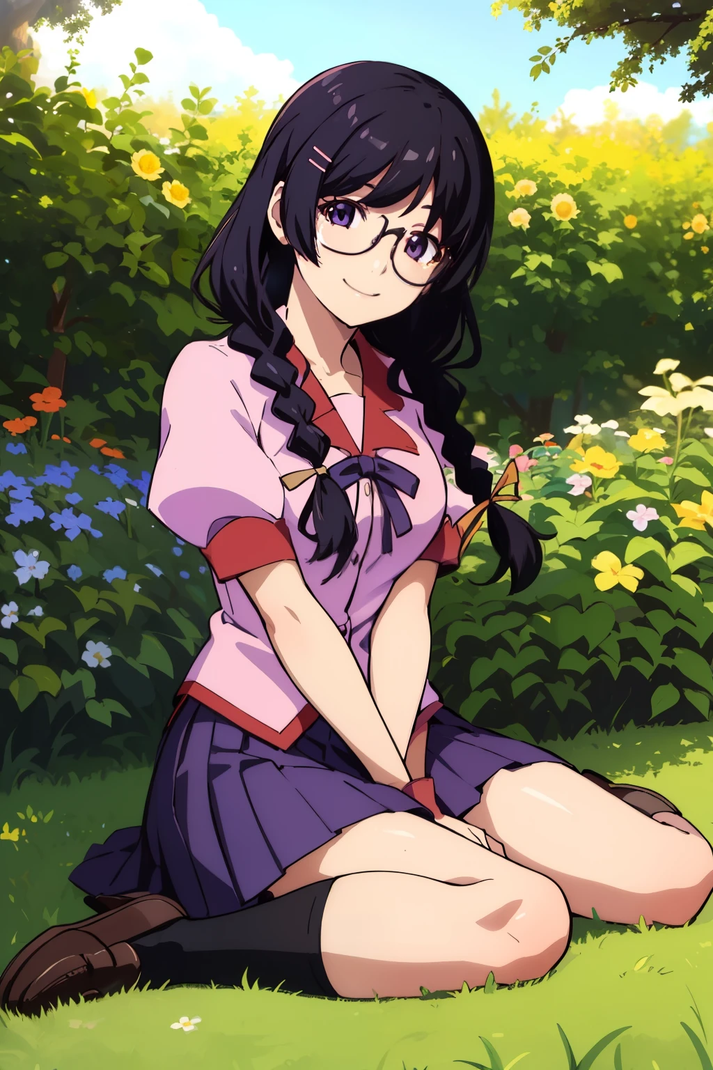 (masterpiece), (Highest quality), (High resolution), (detailed), (Naoetsu High School), (Hanekawa), One girl, (Hanekawa Tsubasa), Purple eyes, Black Hair, Long Hair, Hair Clip, hair ornaments, Braiding, twin Braidings, Hair Ribbon, Glasses Big, skirt, Pink Shirt, Short sleeve , black high socks, loafersclose, Sit on the ground,  garden, wood, View your viewers, smile,