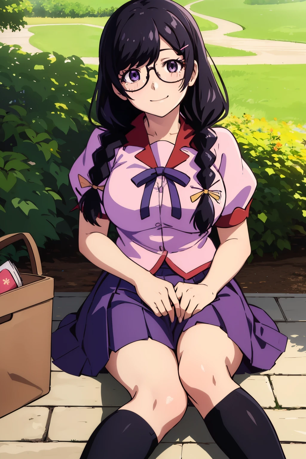 (masterpiece), (Highest quality), (High resolution), (detailed), (Naoetsu High School), (Hanekawa), One girl, (Hanekawa Tsubasa), Purple eyes, Black Hair, Long Hair, Hair Clip, hair ornaments, Braiding, twin Braidings, Hair Ribbon, Glasses Big, skirt, Pink Shirt, Short sleeve , black high socks, loafersclose, Sit on the ground,  garden, wood, View your viewers, smile,