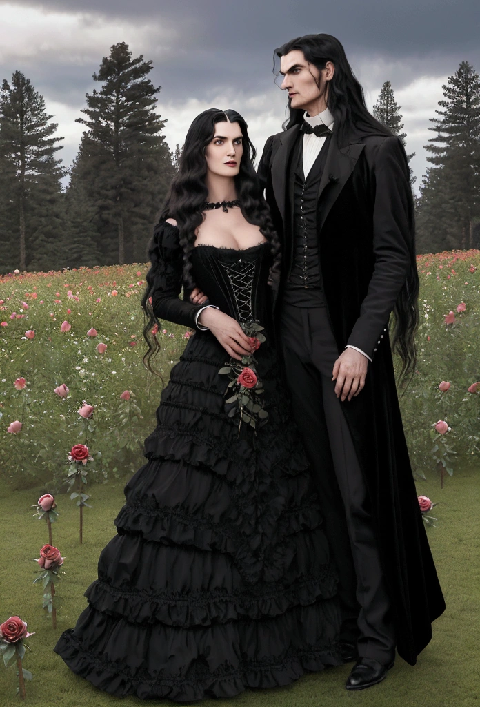 Gothic couple ((He in black Victorian clothes, com Longhaire pretos, 1,90 metros de altura,Longhaire, straight half wavy, tall similar to Christopher Reeve and Peter Steele)),((ultrarealistic)),((hyper realist)),((the night)),((She in a Victorian dress,Longhaire e pretos, she with 1,58 m)), (( Scenario, in a flower field with roses, cloudy and some distant pine trees and trees near a lake)). 