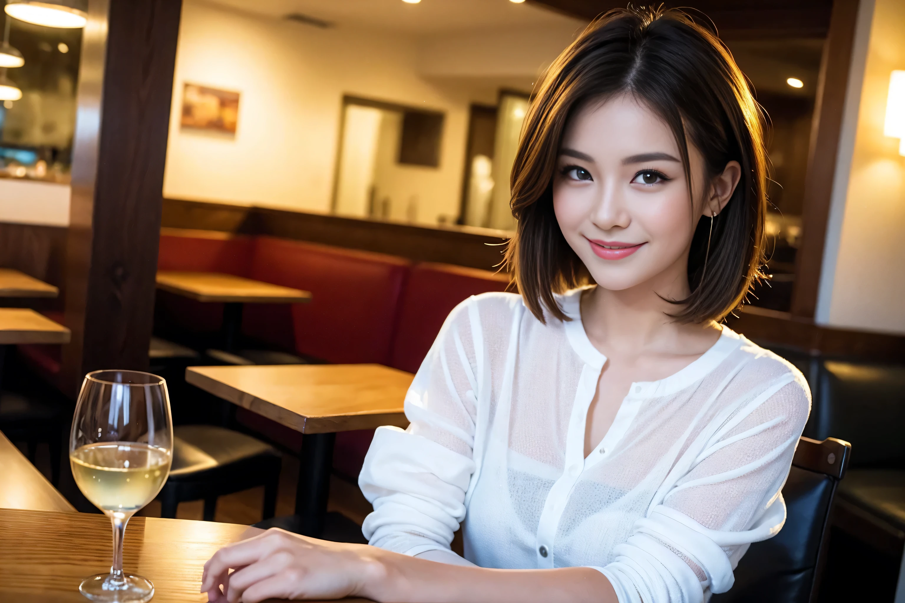 ((Highest quality、8k、masterpiece:1.3))、cute、Slim couple、Model Couple、Actress、(Realistic, Intricate details:1.2), full-course dinner、Wine Party、Amazing view of the sunset sky and clouds、A bright smile、short hair,Bright Face、 (Age 37), 42 years old, red wine 、Appetizers、Italian food、Wine bottle、Champagne、sparkling wine、Two beauties、Brown Hair、Shortcuts、Long sleeve shirt、dress、Beautiful woman 1, (Slim face), (The body is slim), (Brown Hair), (Shortcuts), cheeks turn a little red,Attractive beauty、restaurant, In a prominent place (From the waist up) Nova Frog Style, actress, model, Upper Body, White wine, slim, wine glass, A wine glass placed in the center, smile, (smile: 1.15), Beautiful fine grain, Depth f/2,saturation, High Contrast, Strong light and shadow,Moist Body:1.5、3D texture、Delicate eyes、Brown Hair、The hair is very shiny、