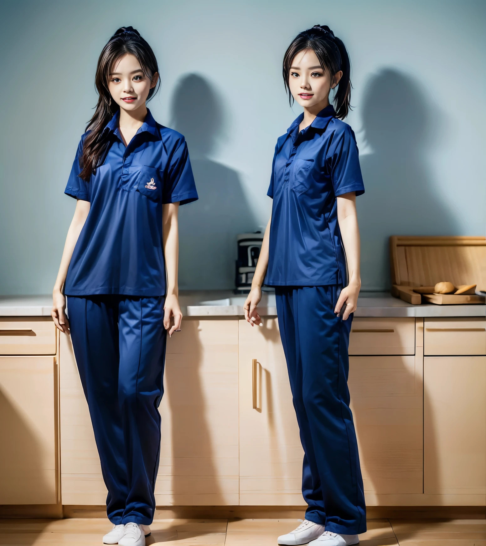 (best quality,10,10,height,Masterpiece:1.2),Special details,(realistic,ภาพrealistic,Realistic photos:1.37),1 Cute girl in the kitchen,shiny, ผิวshiny,only,smile softly,BDclothelue shirt:1.3)),short sleeve,shirt, กางเกงขาlong.,(navy_long_track pants:1.1), ((Kitchen Background)),Dynamic angle,excited,Face focus,dynamic poses,from behind,focus on ass,Masterpiece, best quality, ultra realistic, hyper detail, 8k resolution, raw photos, Sharp focus, ((Navy blue shirt:1.1)), short sleeve, เส้นทางlong, perfect body, 2 mature women, 18 years old, Cinema-grade lighting system,blue sweatpants,shirtผ้าออกกำลังกาย,correct anatomy,perfect body, correct body, Sharp face, correct bodyทางกายวิภาค, full body, realistic gestures, long-haired, realistic poses,Wear long shorts...........................,ช่วงขาlong,Good shape,carved girl, Slender figure, model, Good shape, beautiful body,blue sweatpants, two girls kissing
