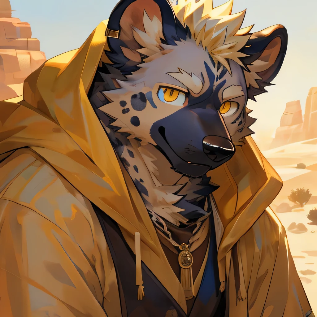 masterpiece,high quality,perfect anatomy,furry,anthro hyena,male, niji5,golden pupils,wear the yellow cloak,wear grey pants,at noon,sunny day,bright eyes,in the desert,detailed face,by kiyosan,close up face