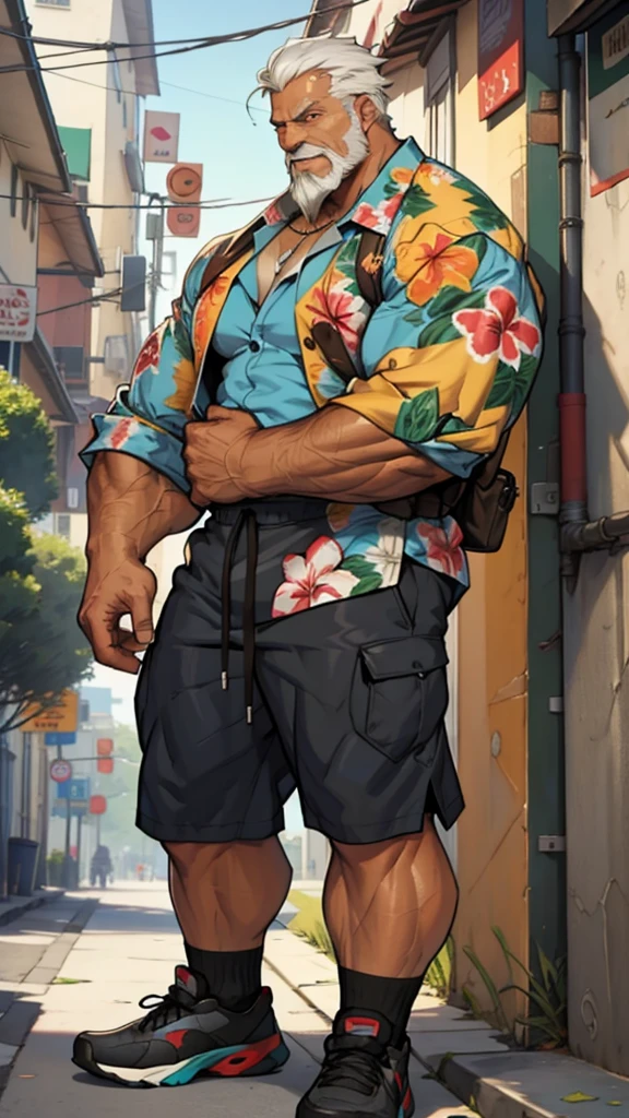 Solo, 1man, 1boy, old man in street city, old man, thick arm, huge arm, bearded. white hair and beard, bearded, muscular, pectoral, wide pectoral, realistic, 8k, masterpiece, (wearing shorts and wearing Hawaiian shirt, shoes)