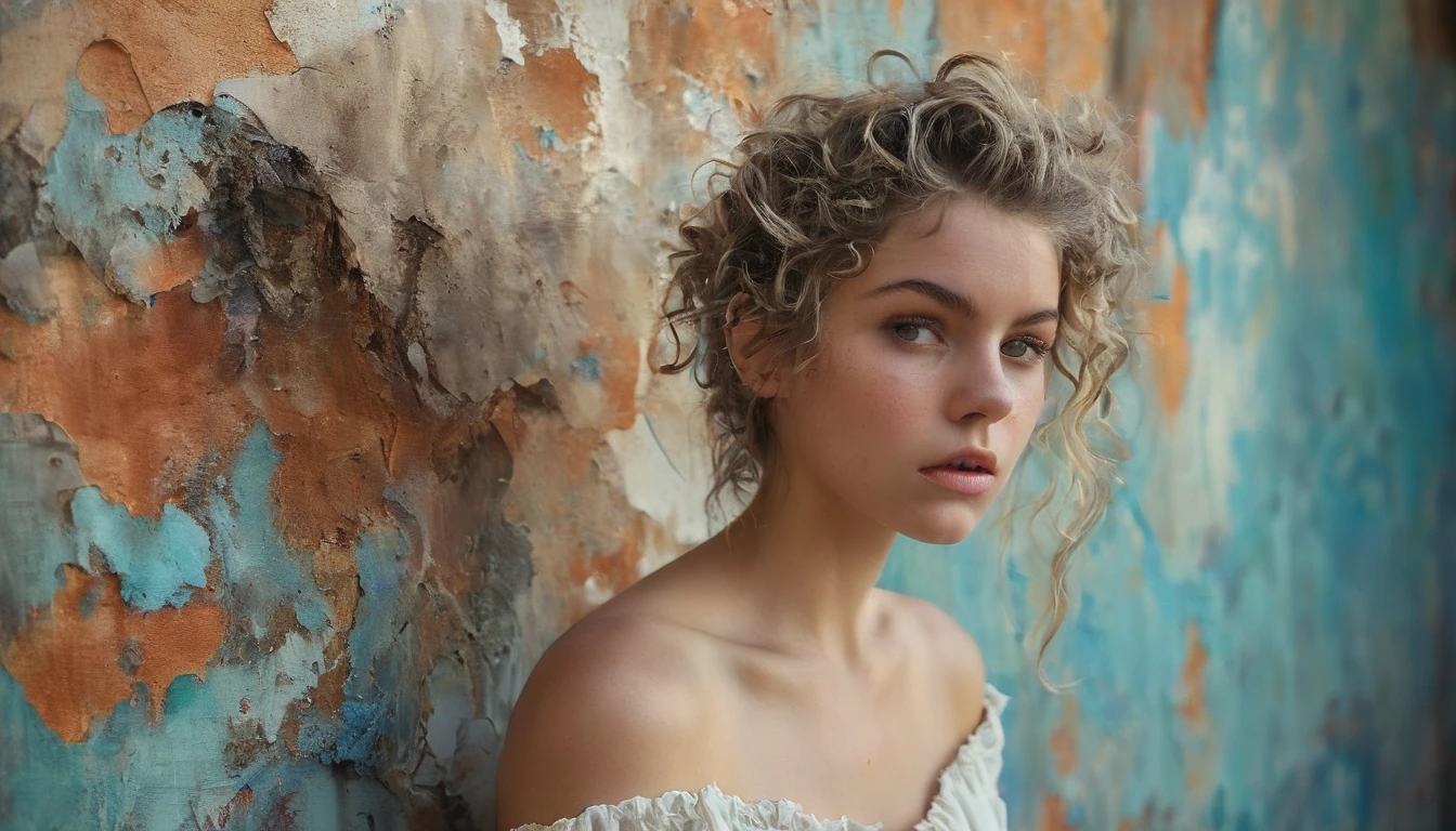 Create a vibrant and colorful portrait of a woman standing against a weathered wall with peeling paint. Her hair is styled in natural, voluminous curls, and she's wearing a bright, off-the-shoulder top. The background features a mix of warm and cool colors, blending together to form a lively and dynamic backdrop. The woman's expression is serene and thoughtful, capturing a moment of introspection. Her eyes are expressive and catch the light, adding depth and emotion to the scene. Add subtle details like textured jewelry to enhance the character's unique style.