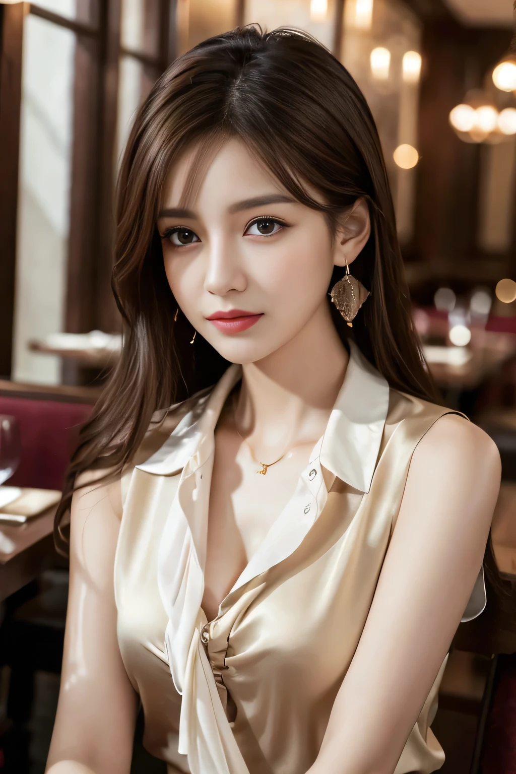 masterpiece, Highest quality, Realistic, Very detailed, Finer details, High resolution, 8k wallpaper, One beautiful woman, Wear a pretty colored silk shirt, In a great restaurant, At night, Light brown messy hair, Perfect dynamic composition, Beautiful and beautiful eyes、Big earrings、chest、Sleeveless shirt、