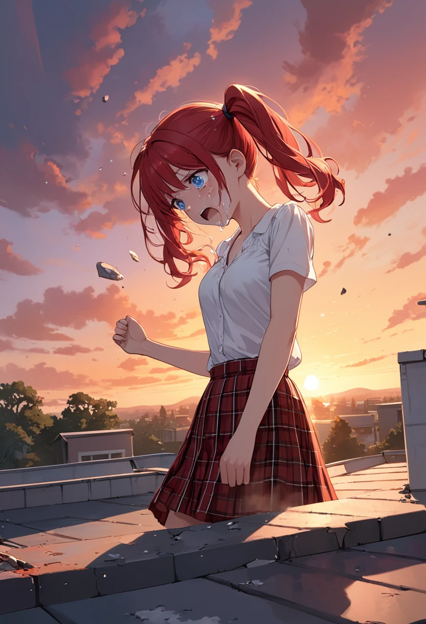 detailed illustration, dynamic angle, ultra-detailed, illustration, 1girl, 18 year old, school girl, twintails, twin tails, long red hair, very long hair, white blouse, red tie, red plaid skirt, standing on rooftop, blushing, crying, pleading, sad, broken, sunset, cleavage, medium breasts, bully, flushing, looking at camera, head on, reaching, school roof, blue eyes, crystal eyes, bright eyes, tears on face, tear filled eyes, sorrow, desperate