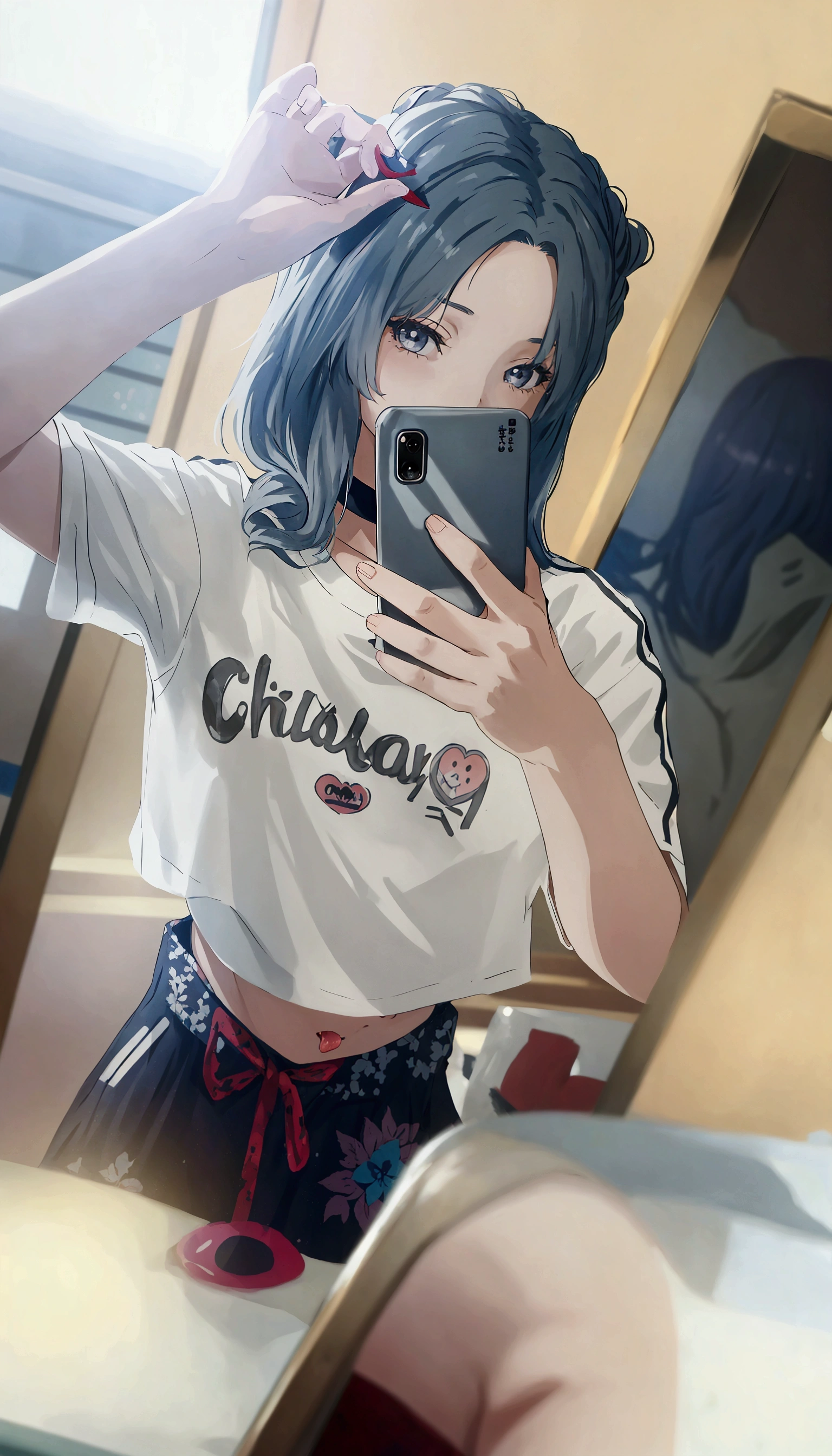 A woman is taking a selfie in the mirror, 破れたクロップT-Shirts, Crop top, 2263539546], Ulzzang, 1 8 is, Low quality photos, 👅 👅, 2 4-year-old female model, T-Shirts, Chiho, Gray hair black hair, 20-year-old, Two 0&#39;s