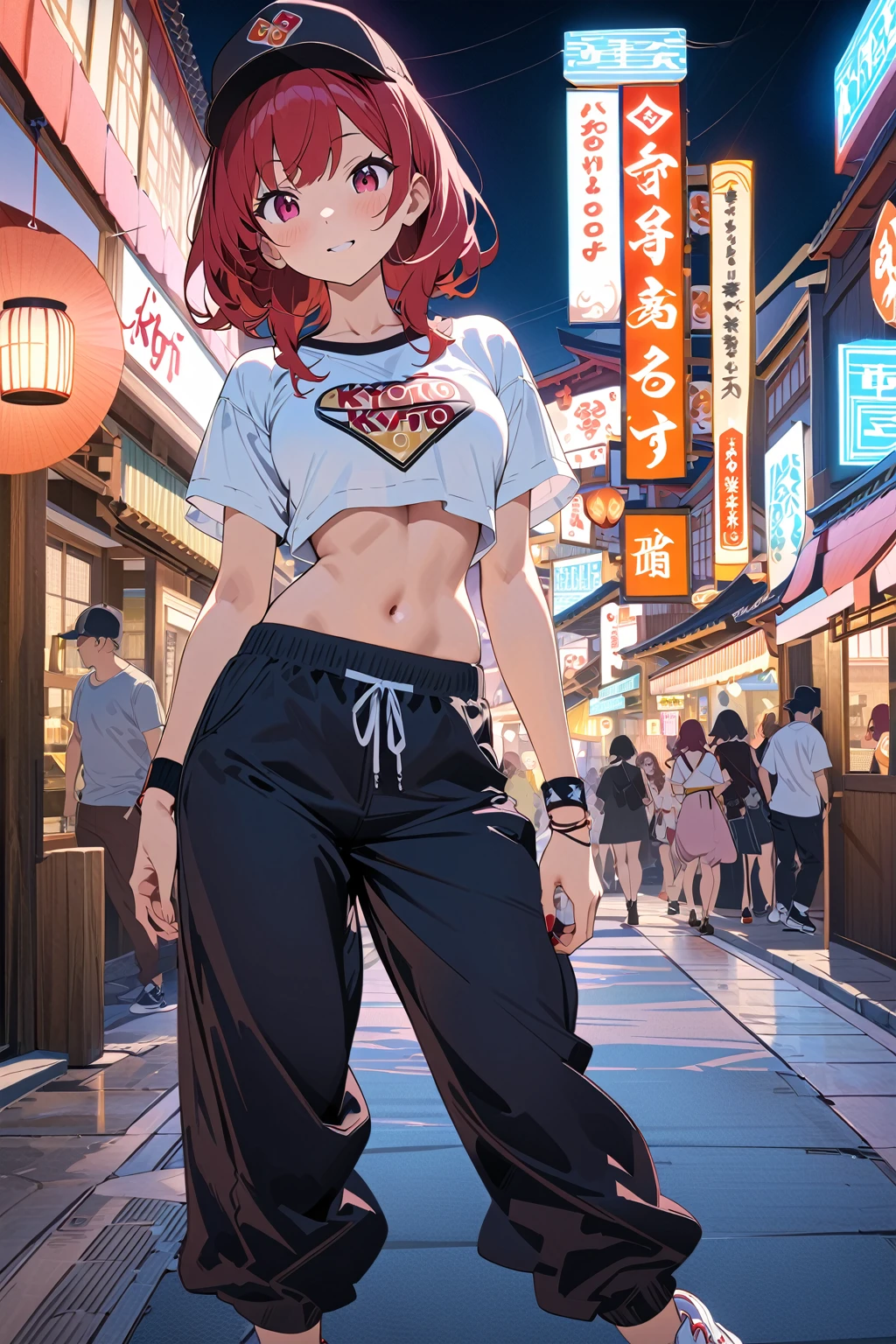 (masterpiece, best quality:1.5), (ultra detailed, high resolution, 8k, beautiful detailed, UHD, best anatomy), Wine Red hair, medium breasts, 1 cute girl, night, Streets of Las Vegas, (Kyoto Animation Style Character:2), T-shirts, Baggy Pants, Sneakers, Cap, Accessories, wristband, bare navel
