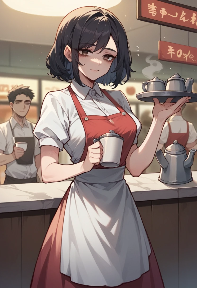 Illustration, 24 year old woman, medium black hair, brown eyes, pretty, tired, light bruise on left eye, light bruise on arm, faint smile, waitress outfit, diner, standing, holding coffee pot