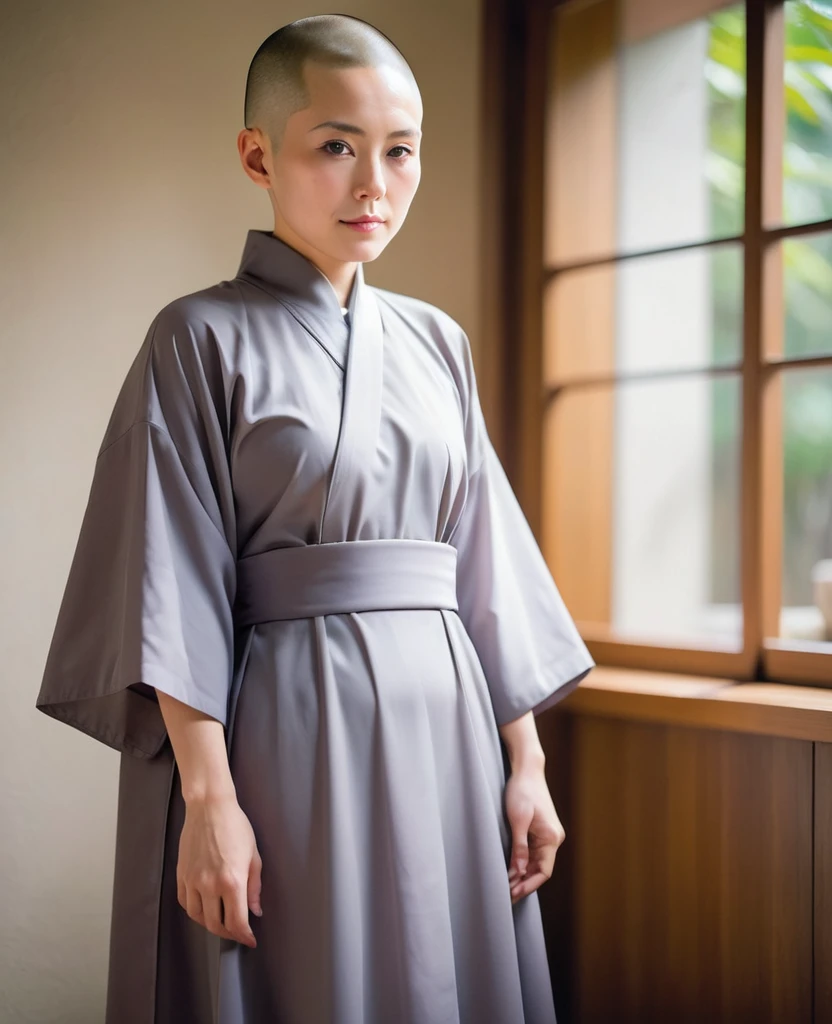 Japanese nun in a transparent robe、monastery、Shaved hair、Shaved Head