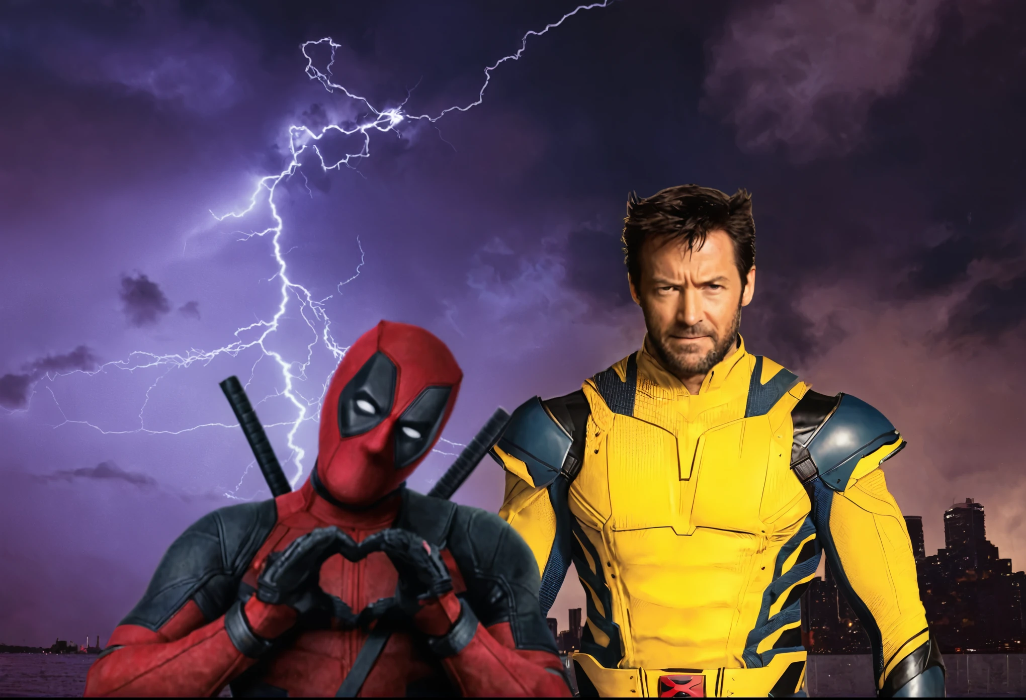 wolverine and deadpool are standing in front of a lightning storm, textless, fan art, ryan reynolds dead pool, hero, taron egerton as wolverine, deadpool, wolverine, logan, mcu, spiderman as wolverine, xmen, portrait shot, powers, deadpool live action costume, wearing red and yellow hero suit, keanu reeves as wolverine, badass composition